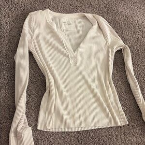 Aerie Cream Ribbed V-Neck Blouse